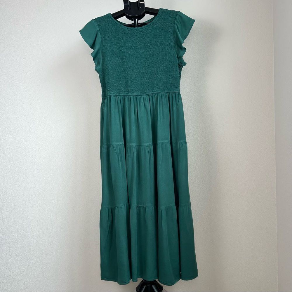 MEROKEETY Green Smocked Midi Dress Flutter Sleeve Tiered Boho Women's Size L
